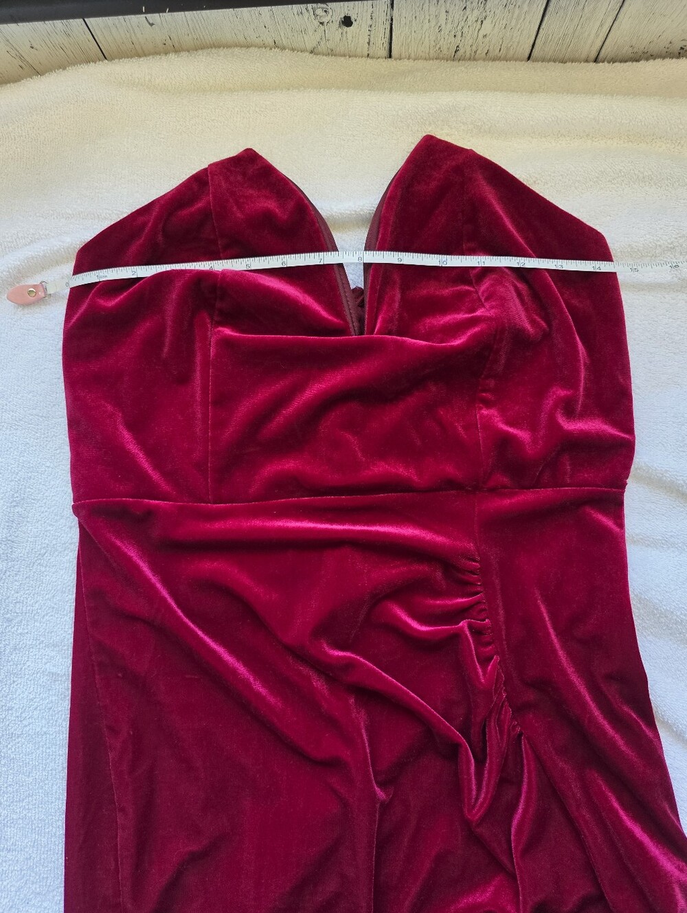Fashion Nova Burgundy Velvet Ruched Bodycon Dress Strapless Size L Holiday Date - Picture 10 of 14